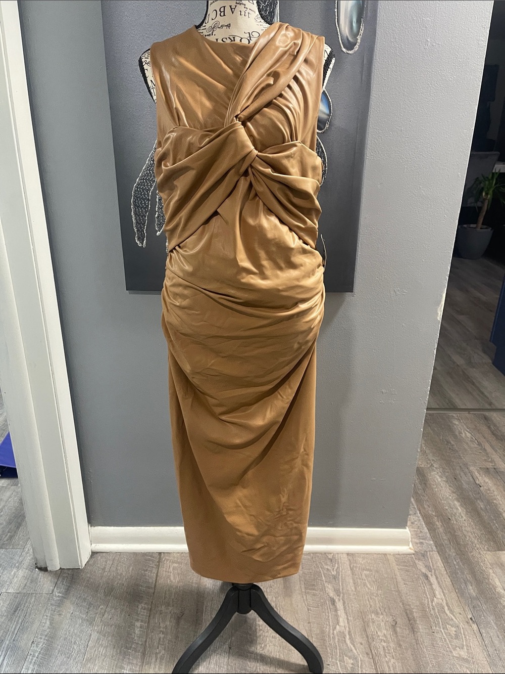 Express faux leather Twist-Front Midi Dress in Camel